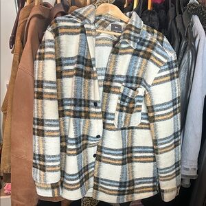 H&M Cream Flannel Teddy Jacket with Grey, Blue & Yellow Stripes